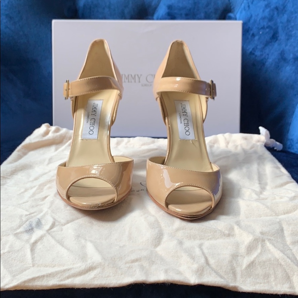 Jimmy Choo patent leather nude peep toe 37 1/2
